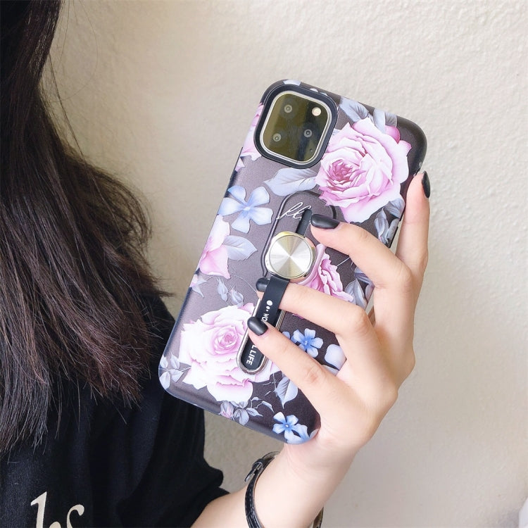 For iPhone 11 Flower Series Painting Shockproof Multi-functional Invisible Ring Holder Protective Case with Vehicle Magnetic Sheet