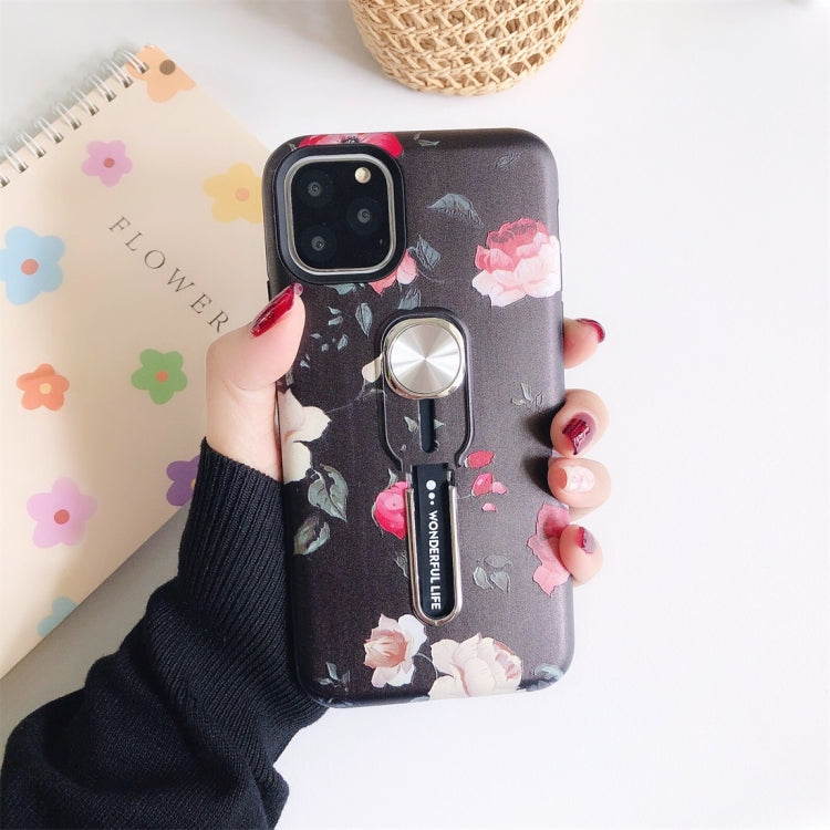 For iPhone 11 Pro Max Flower Series Painting Shockproof Multi-functional Invisible Ring Holder Protective Case with Vehicle Magnetic Sheet