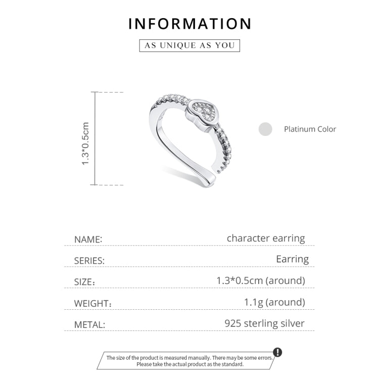 S925 Sterling Silver Silver Heart Ear Clip Women Earrings
