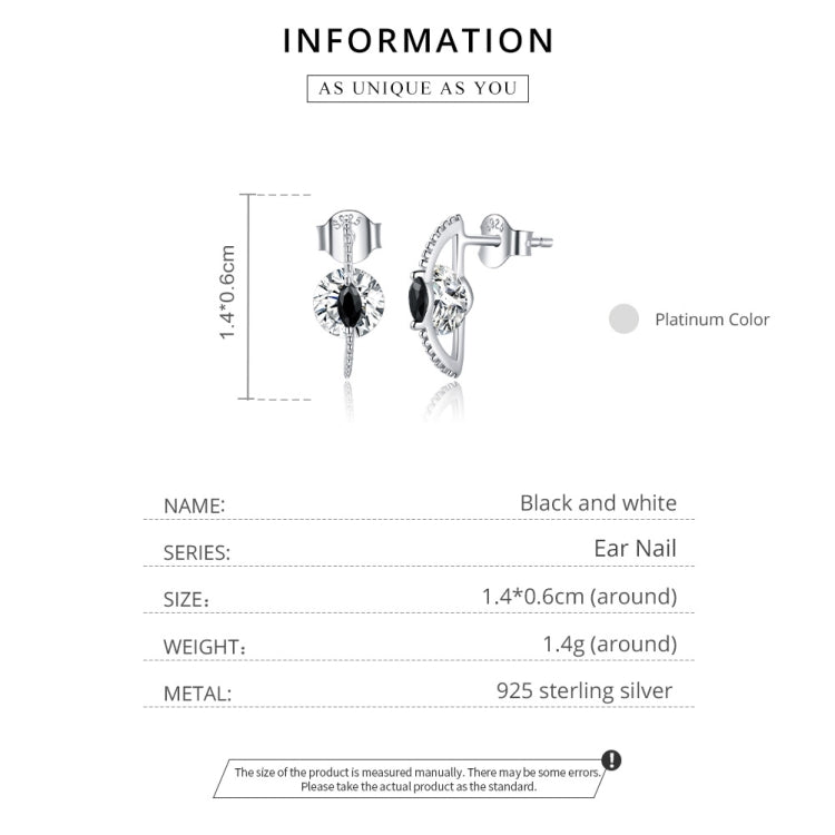 S925 Sterling Silver Silver Black White Zircon Ear Studs Women Earrings
