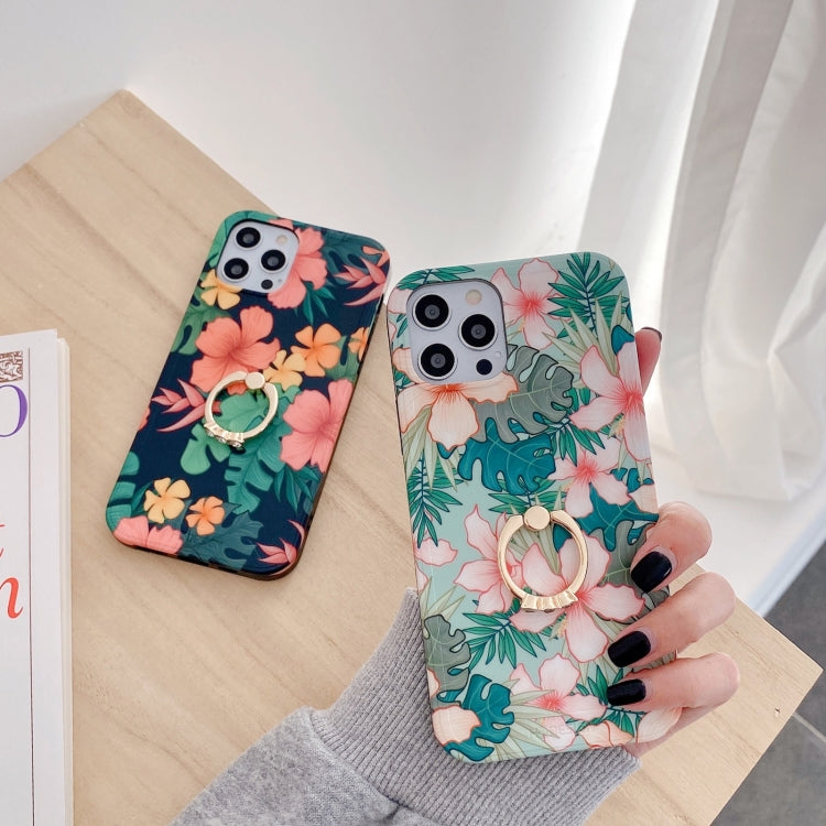 For iPhone 11 Retro Flower Pattern Shockproof Case with Ring Holder