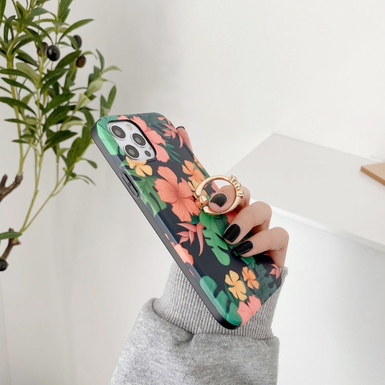 For iPhone 11 Pro Max Retro Flower Pattern Shockproof Case with Ring Holder
