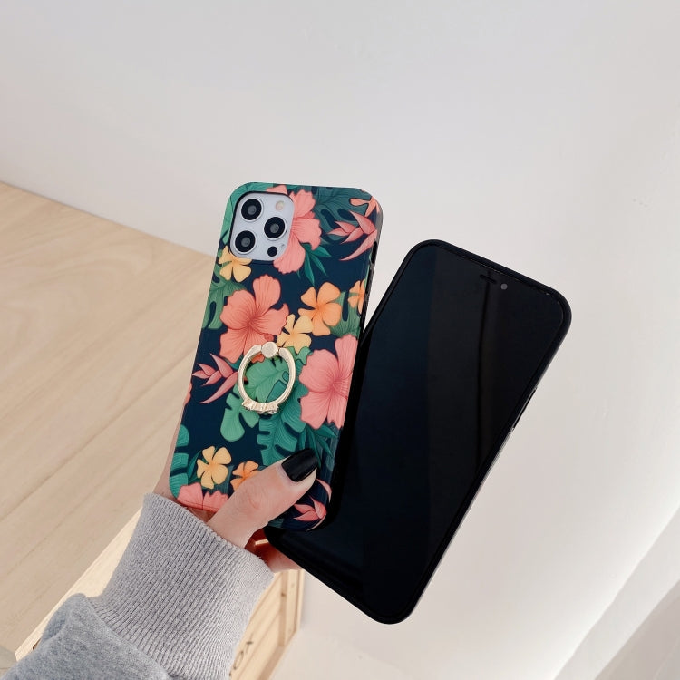 For iPhone 12 mini Retro Flower Pattern Shockproof Case with Ring Holder