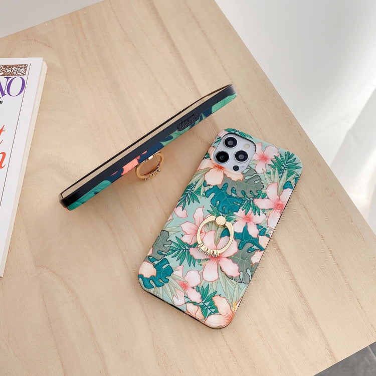 For iPhone 12 mini Retro Flower Pattern Shockproof Case with Ring Holder