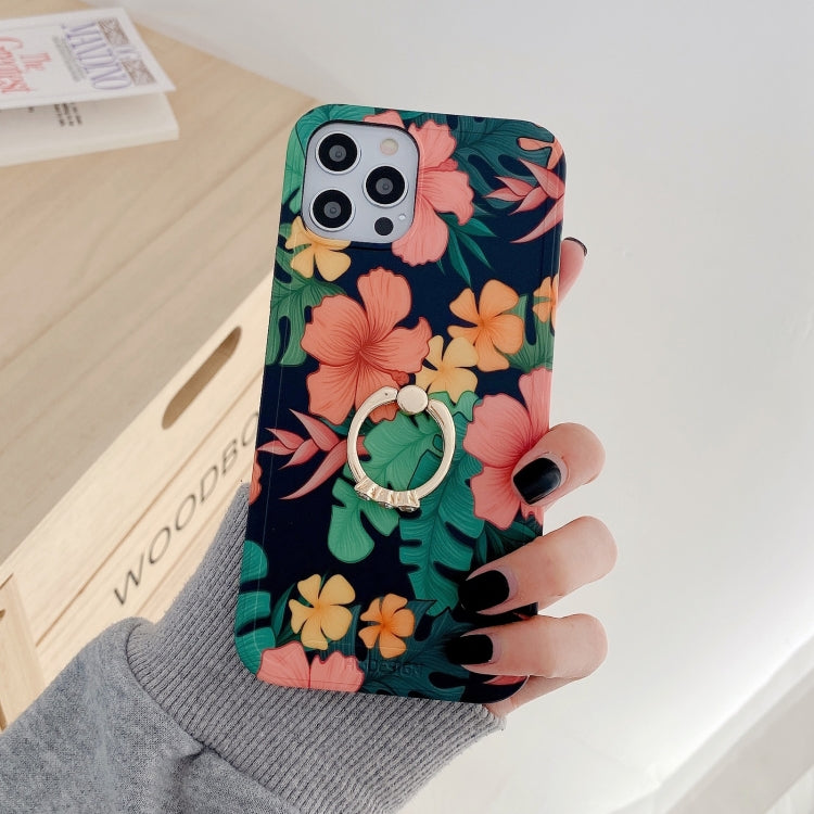 For iPhone 12 / 12 Pro Retro Flower Pattern Shockproof Case with Ring Holder