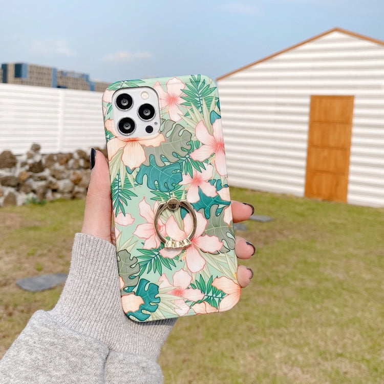 For iPhone 12 / 12 Pro Retro Flower Pattern Shockproof Case with Ring Holder