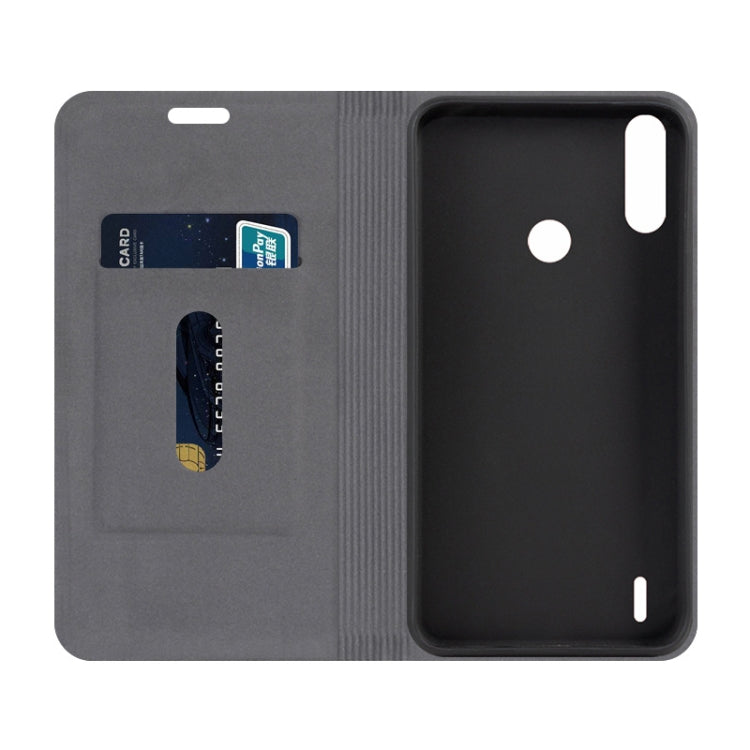 For Motorola Moto E7 Power Canvas Three-color Stitching Business Horizontal Flip Leather Case with Holder & Card Slot(Blue)