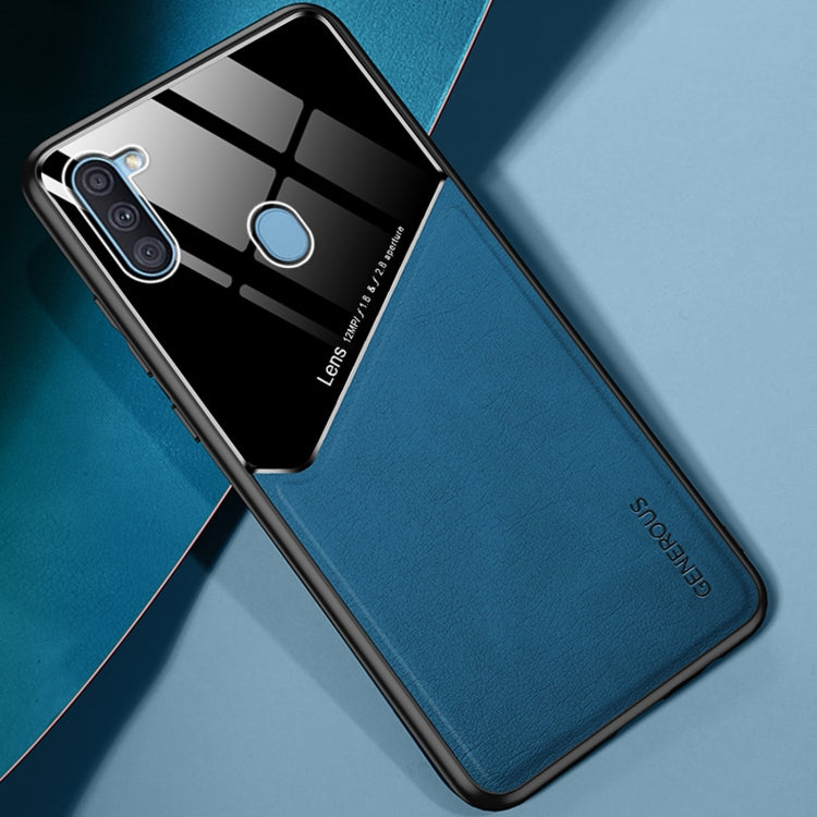 For Samsung Galaxy A11 All-inclusive Leather + Organic Glass Protective Case with Metal Iron Sheet