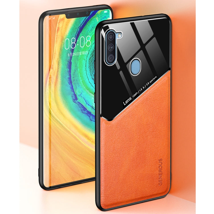 For Samsung Galaxy A11 All-inclusive Leather + Organic Glass Protective Case with Metal Iron Sheet