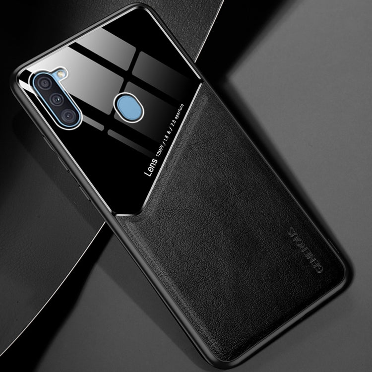 For Samsung Galaxy A11 All-inclusive Leather + Organic Glass Protective Case with Metal Iron Sheet
