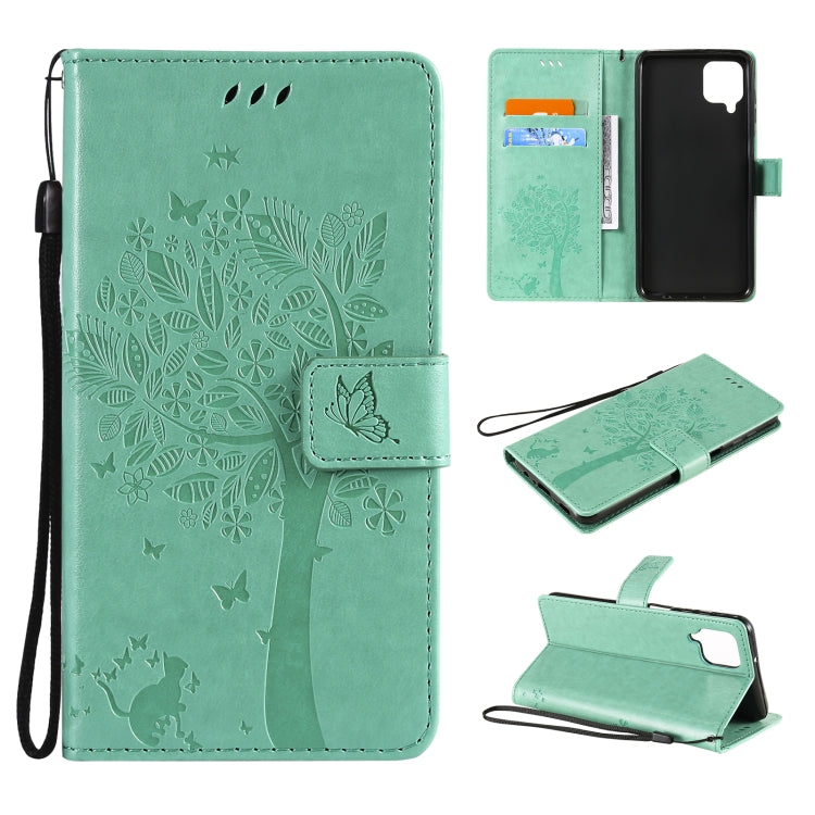 For Samsung Galaxy A12 Tree & Cat Pattern Pressed Printing Horizontal Flip PU Leather Case with Holder & Card Slots & Wallet & Lanyard