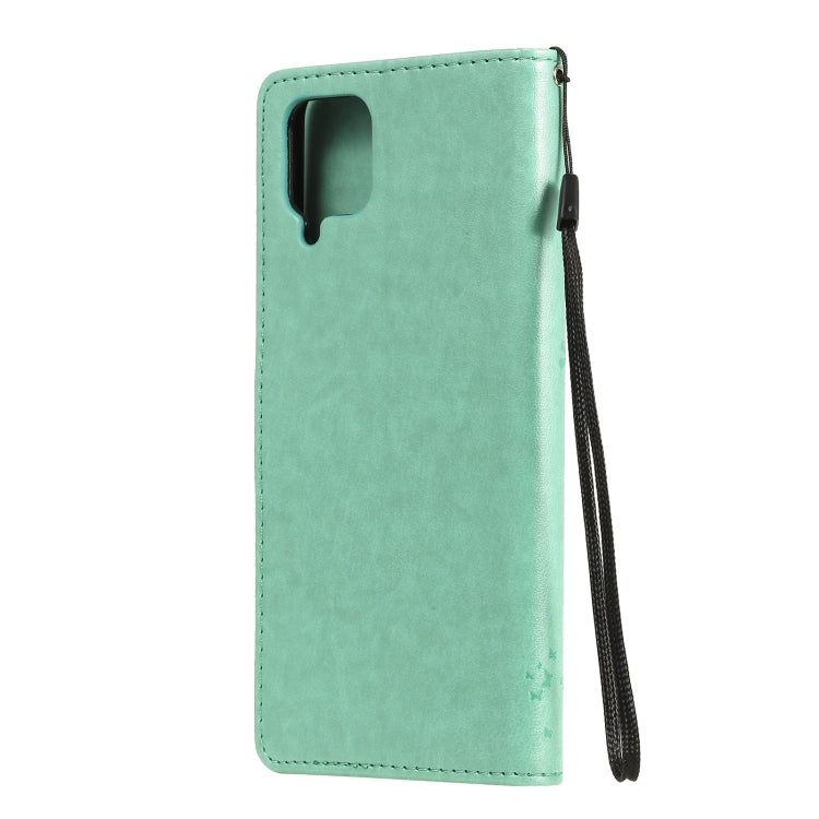 For Samsung Galaxy A12 Tree & Cat Pattern Pressed Printing Horizontal Flip PU Leather Case with Holder & Card Slots & Wallet & Lanyard