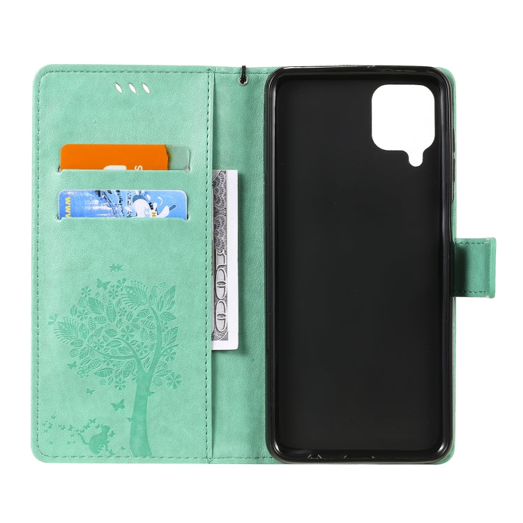 For Samsung Galaxy A12 Tree & Cat Pattern Pressed Printing Horizontal Flip PU Leather Case with Holder & Card Slots & Wallet & Lanyard