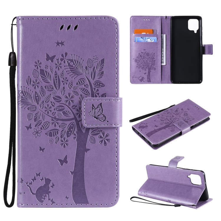 For Samsung Galaxy A12 Tree & Cat Pattern Pressed Printing Horizontal Flip PU Leather Case with Holder & Card Slots & Wallet & Lanyard