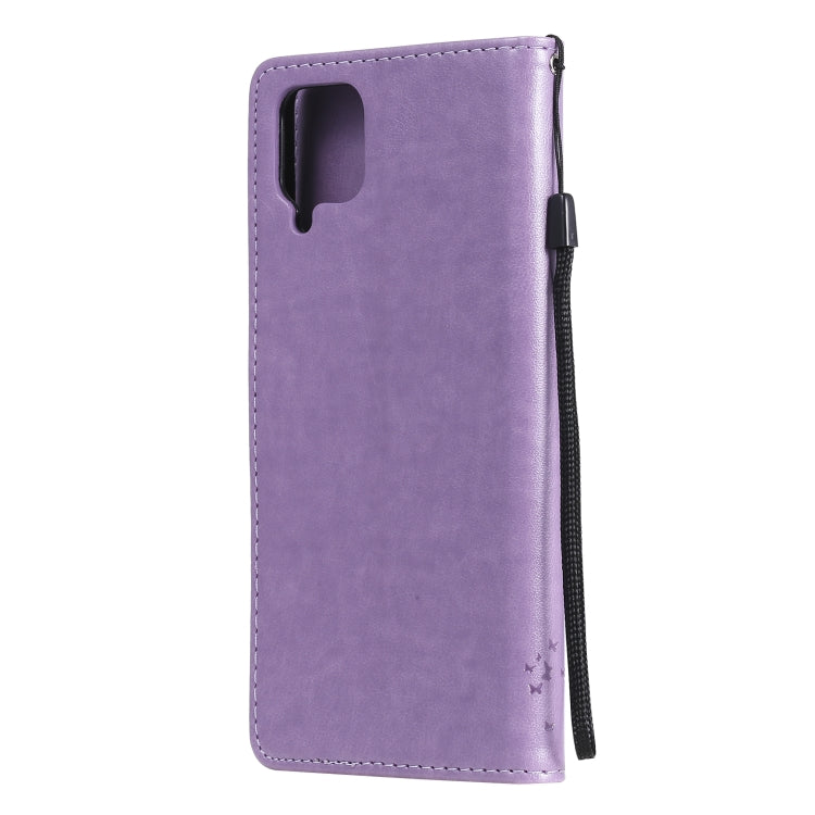 For Samsung Galaxy A12 Tree & Cat Pattern Pressed Printing Horizontal Flip PU Leather Case with Holder & Card Slots & Wallet & Lanyard