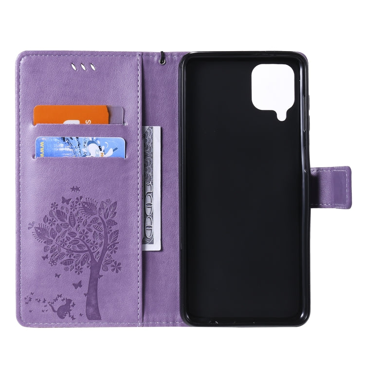 For Samsung Galaxy A12 Tree & Cat Pattern Pressed Printing Horizontal Flip PU Leather Case with Holder & Card Slots & Wallet & Lanyard