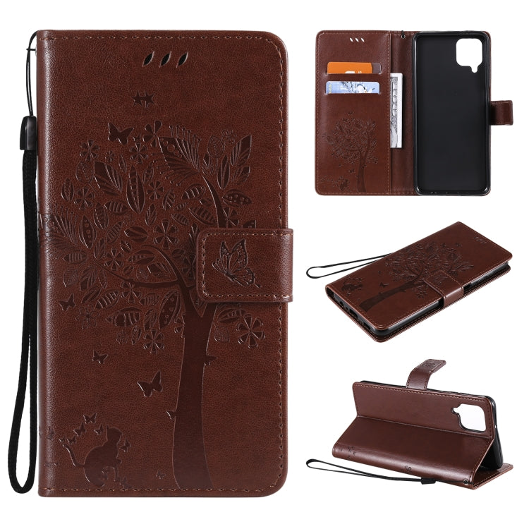 For Samsung Galaxy A12 Tree & Cat Pattern Pressed Printing Horizontal Flip PU Leather Case with Holder & Card Slots & Wallet & Lanyard