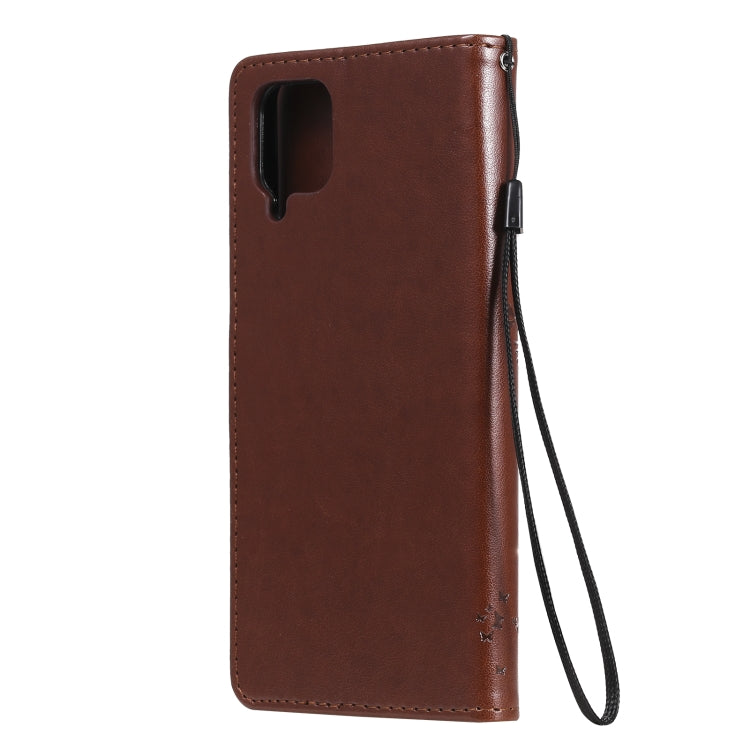 For Samsung Galaxy A12 Tree & Cat Pattern Pressed Printing Horizontal Flip PU Leather Case with Holder & Card Slots & Wallet & Lanyard