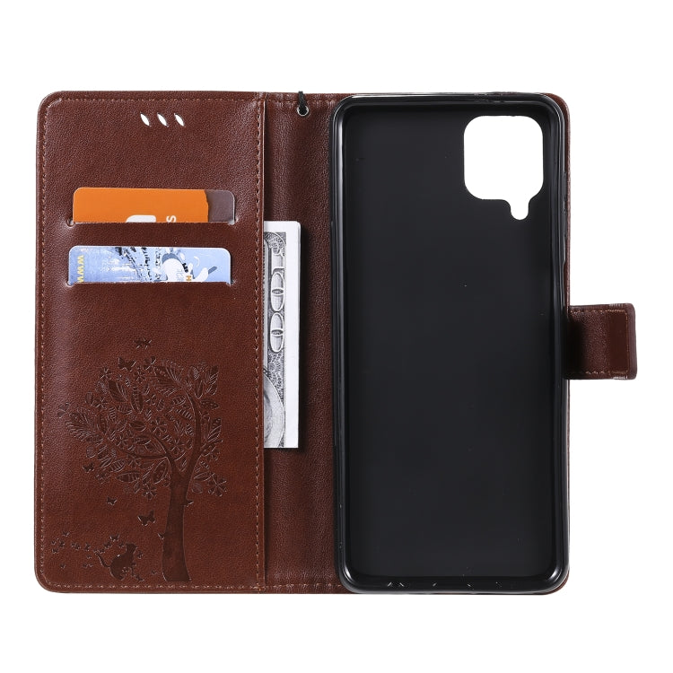 For Samsung Galaxy A12 Tree & Cat Pattern Pressed Printing Horizontal Flip PU Leather Case with Holder & Card Slots & Wallet & Lanyard