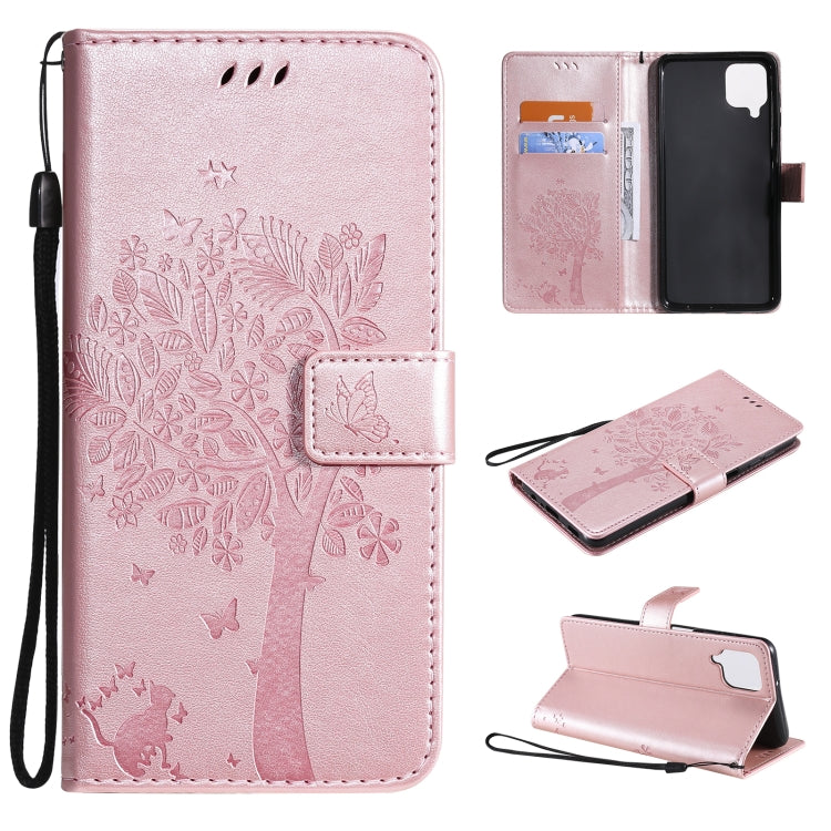 For Samsung Galaxy A12 Tree & Cat Pattern Pressed Printing Horizontal Flip PU Leather Case with Holder & Card Slots & Wallet & Lanyard