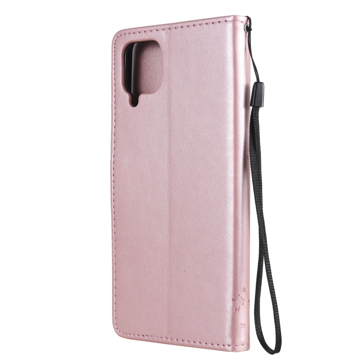 For Samsung Galaxy A12 Tree & Cat Pattern Pressed Printing Horizontal Flip PU Leather Case with Holder & Card Slots & Wallet & Lanyard