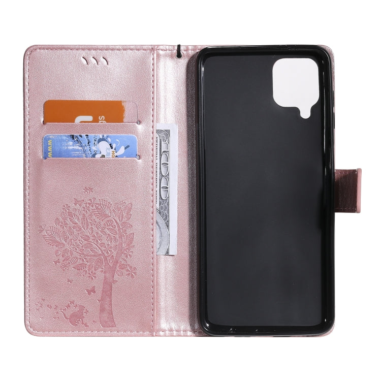 For Samsung Galaxy A12 Tree & Cat Pattern Pressed Printing Horizontal Flip PU Leather Case with Holder & Card Slots & Wallet & Lanyard