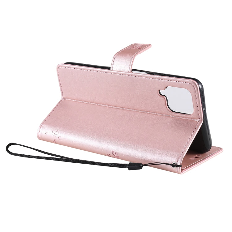 For Samsung Galaxy A12 Tree & Cat Pattern Pressed Printing Horizontal Flip PU Leather Case with Holder & Card Slots & Wallet & Lanyard