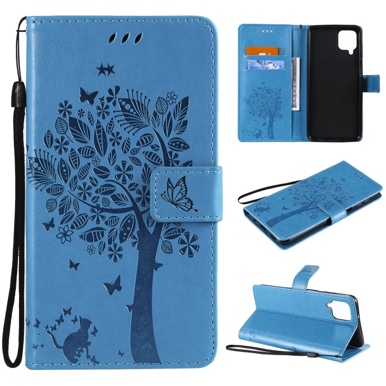 For Samsung Galaxy A12 Tree & Cat Pattern Pressed Printing Horizontal Flip PU Leather Case with Holder & Card Slots & Wallet & Lanyard