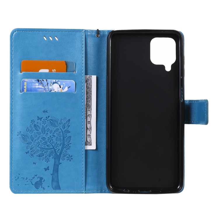 For Samsung Galaxy A12 Tree & Cat Pattern Pressed Printing Horizontal Flip PU Leather Case with Holder & Card Slots & Wallet & Lanyard