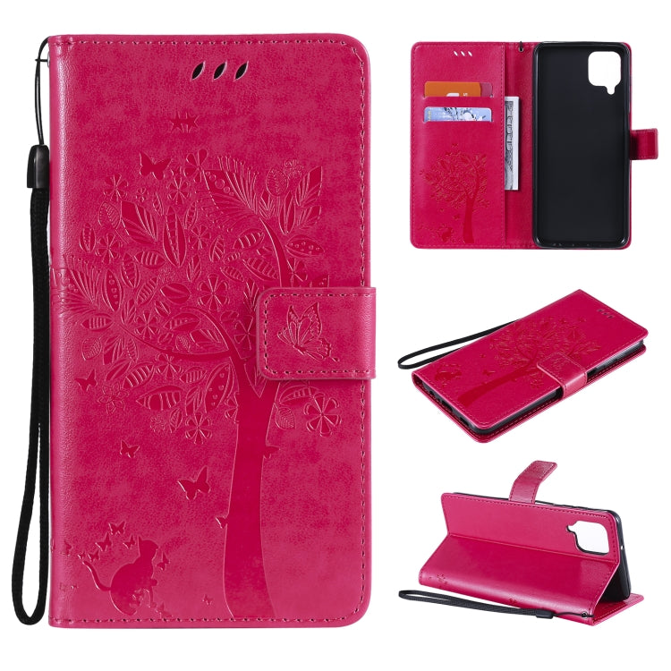 For Samsung Galaxy A12 Tree & Cat Pattern Pressed Printing Horizontal Flip PU Leather Case with Holder & Card Slots & Wallet & Lanyard