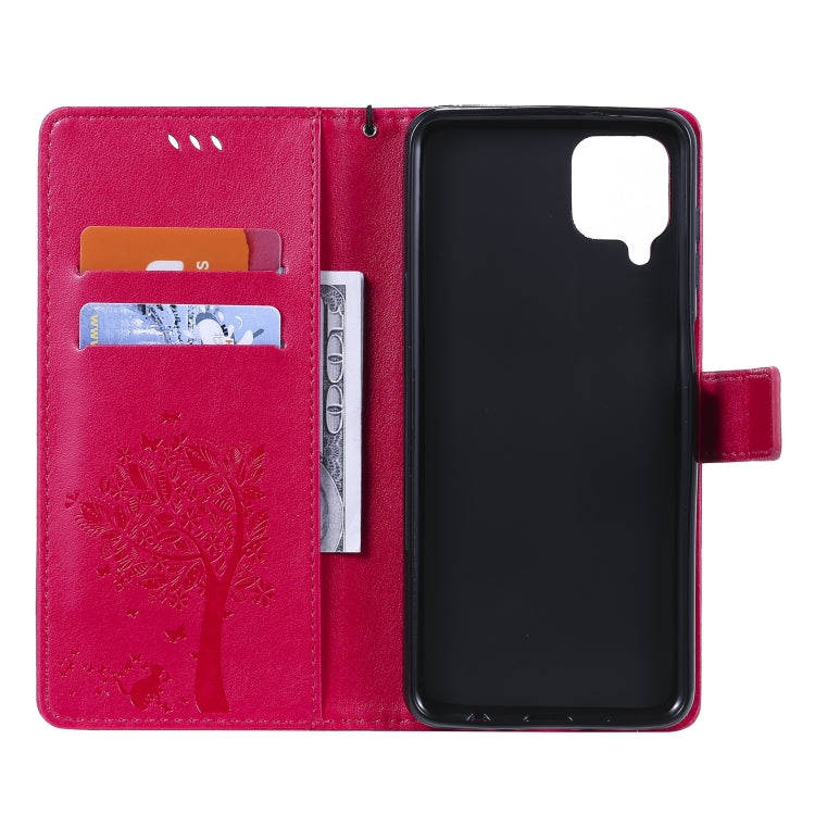 For Samsung Galaxy A12 Tree & Cat Pattern Pressed Printing Horizontal Flip PU Leather Case with Holder & Card Slots & Wallet & Lanyard