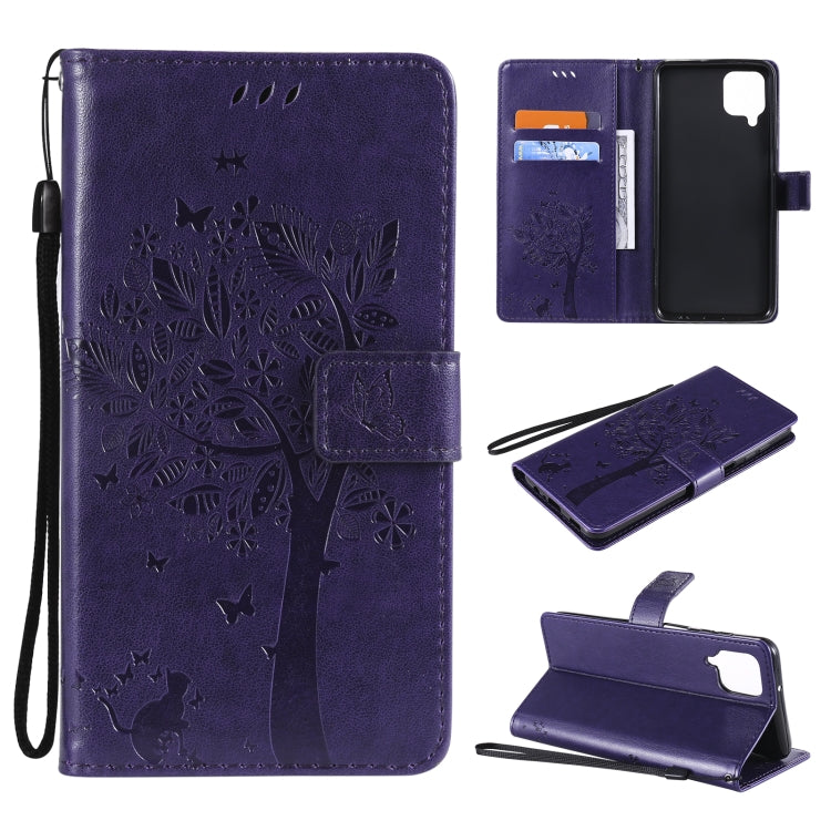For Samsung Galaxy A12 Tree & Cat Pattern Pressed Printing Horizontal Flip PU Leather Case with Holder & Card Slots & Wallet & Lanyard