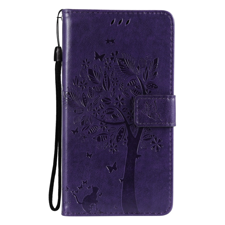 For Samsung Galaxy A12 Tree & Cat Pattern Pressed Printing Horizontal Flip PU Leather Case with Holder & Card Slots & Wallet & Lanyard