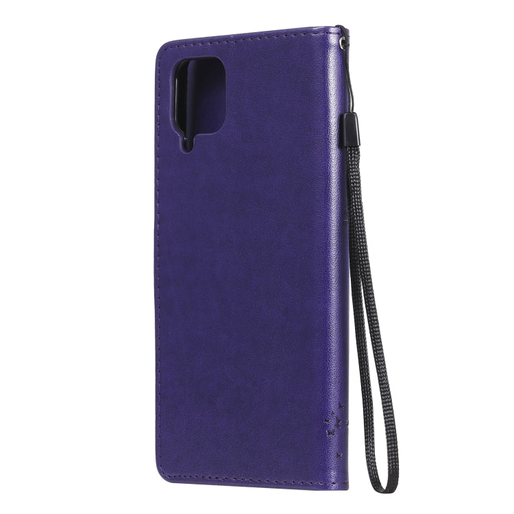 For Samsung Galaxy A12 Tree & Cat Pattern Pressed Printing Horizontal Flip PU Leather Case with Holder & Card Slots & Wallet & Lanyard