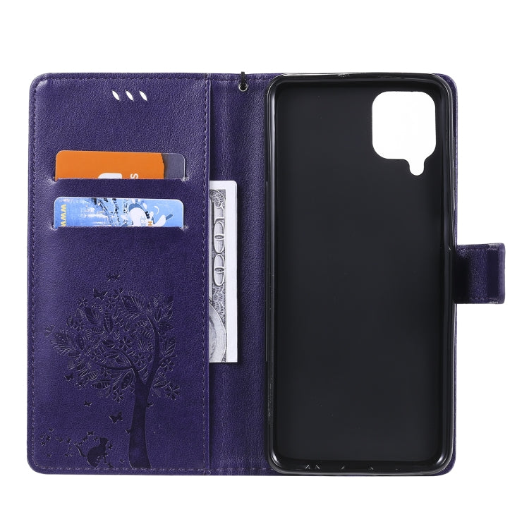 For Samsung Galaxy A12 Tree & Cat Pattern Pressed Printing Horizontal Flip PU Leather Case with Holder & Card Slots & Wallet & Lanyard