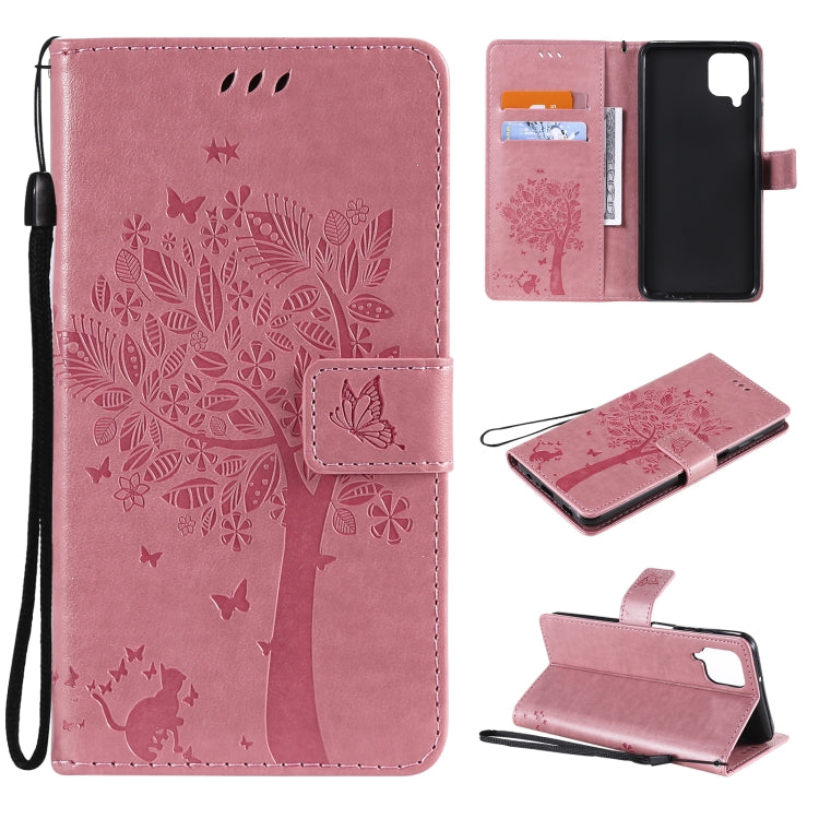 For Samsung Galaxy A12 Tree & Cat Pattern Pressed Printing Horizontal Flip PU Leather Case with Holder & Card Slots & Wallet & Lanyard