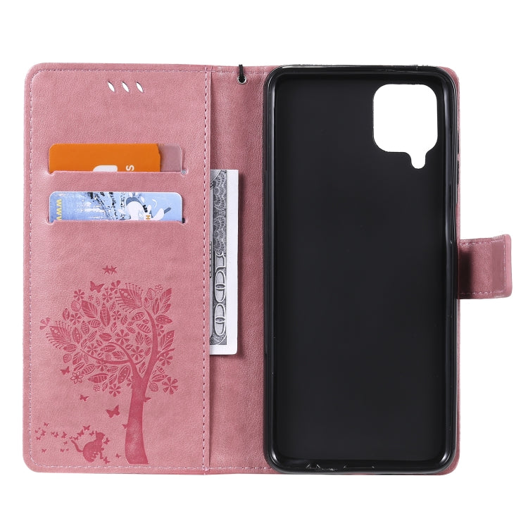 For Samsung Galaxy A12 Tree & Cat Pattern Pressed Printing Horizontal Flip PU Leather Case with Holder & Card Slots & Wallet & Lanyard