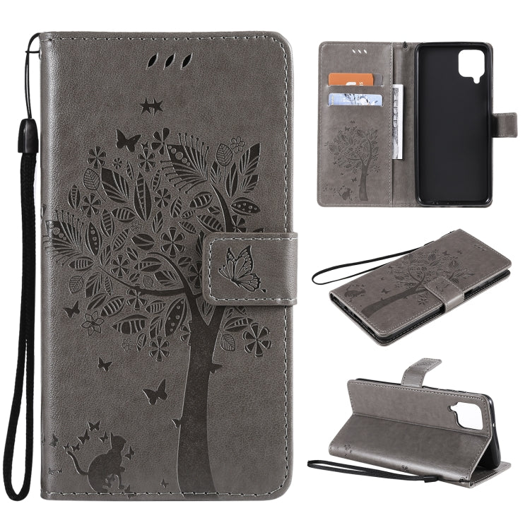 For Samsung Galaxy A12 Tree & Cat Pattern Pressed Printing Horizontal Flip PU Leather Case with Holder & Card Slots & Wallet & Lanyard