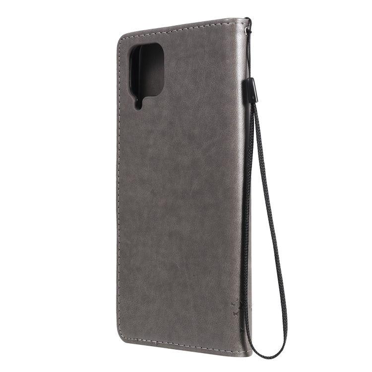 For Samsung Galaxy A12 Tree & Cat Pattern Pressed Printing Horizontal Flip PU Leather Case with Holder & Card Slots & Wallet & Lanyard