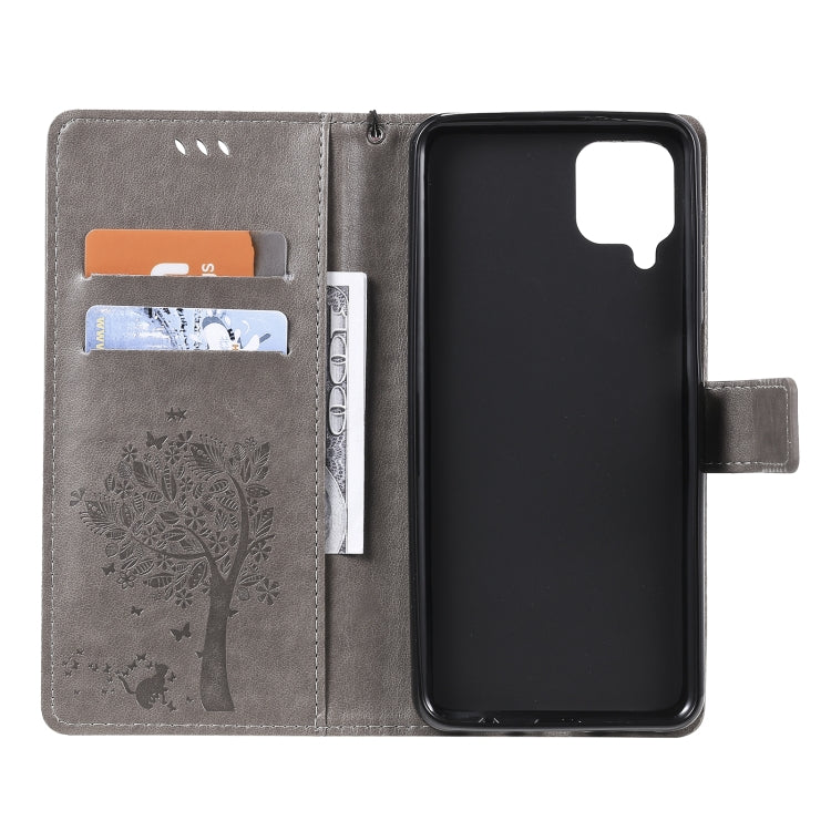 For Samsung Galaxy A12 Tree & Cat Pattern Pressed Printing Horizontal Flip PU Leather Case with Holder & Card Slots & Wallet & Lanyard