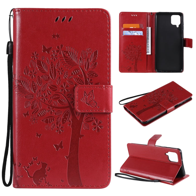 For Samsung Galaxy A12 Tree & Cat Pattern Pressed Printing Horizontal Flip PU Leather Case with Holder & Card Slots & Wallet & Lanyard