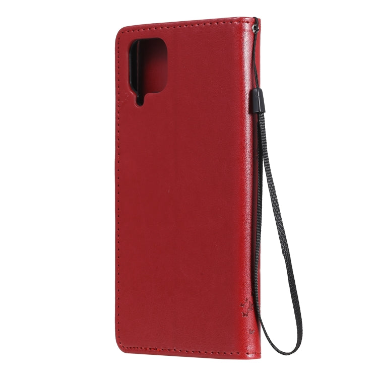 For Samsung Galaxy A12 Tree & Cat Pattern Pressed Printing Horizontal Flip PU Leather Case with Holder & Card Slots & Wallet & Lanyard