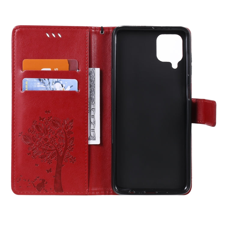 For Samsung Galaxy A12 Tree & Cat Pattern Pressed Printing Horizontal Flip PU Leather Case with Holder & Card Slots & Wallet & Lanyard