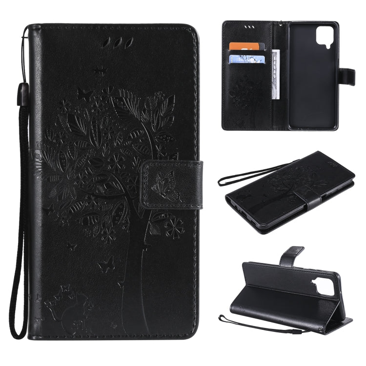 For Samsung Galaxy A12 Tree & Cat Pattern Pressed Printing Horizontal Flip PU Leather Case with Holder & Card Slots & Wallet & Lanyard