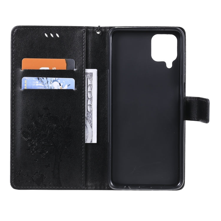 For Samsung Galaxy A12 Tree & Cat Pattern Pressed Printing Horizontal Flip PU Leather Case with Holder & Card Slots & Wallet & Lanyard