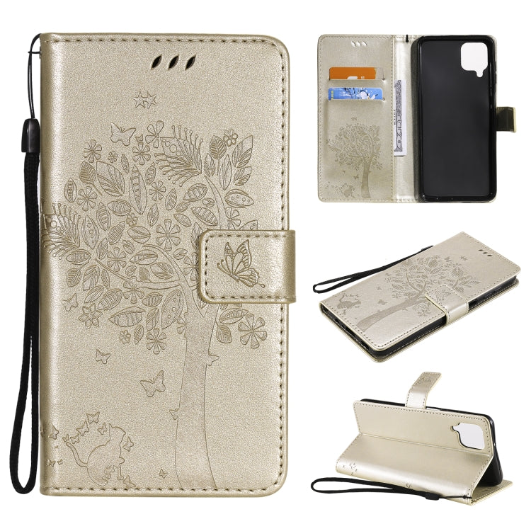 For Samsung Galaxy A12 Tree & Cat Pattern Pressed Printing Horizontal Flip PU Leather Case with Holder & Card Slots & Wallet & Lanyard