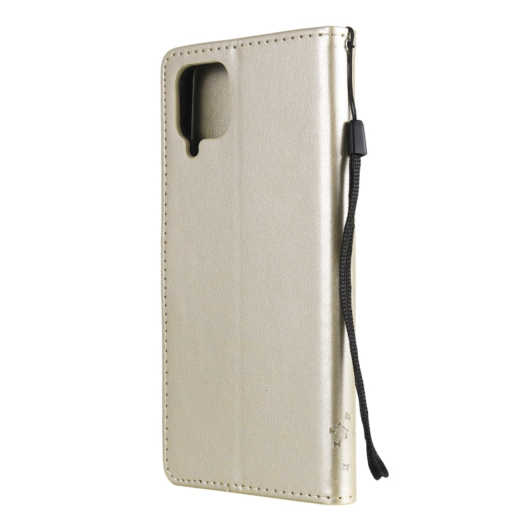 For Samsung Galaxy A12 Tree & Cat Pattern Pressed Printing Horizontal Flip PU Leather Case with Holder & Card Slots & Wallet & Lanyard