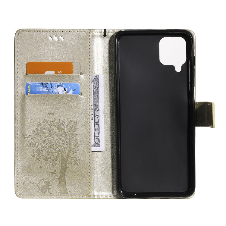 For Samsung Galaxy A12 Tree & Cat Pattern Pressed Printing Horizontal Flip PU Leather Case with Holder & Card Slots & Wallet & Lanyard