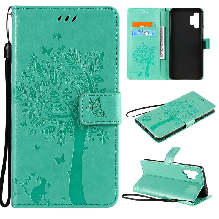 For Samsung Galaxy A32 5G Tree & Cat Pattern Pressed Printing Horizontal Flip PU Leather Case with Holder & Card Slots & Wallet & Lanyard
