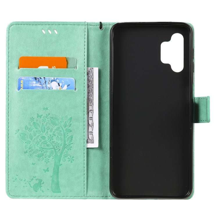 For Samsung Galaxy A32 5G Tree & Cat Pattern Pressed Printing Horizontal Flip PU Leather Case with Holder & Card Slots & Wallet & Lanyard